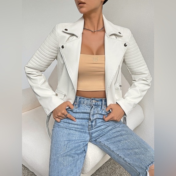 Quilted detail olive green vegan leather jacket zip arms coat - Picture 2 of 9